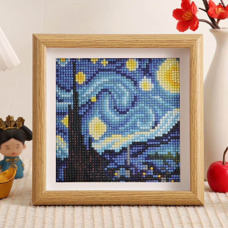 Okvirna dijamantna slika: Van Gogh – Zvjezdana noć i suncokreti, za početnike, DIY, potpuno prekrivanje dijamantima, stalak za izlaganje