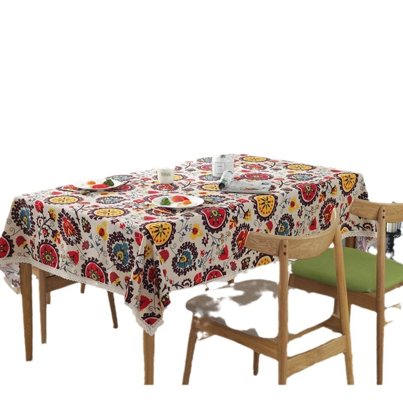 Față de masă cu motiv de floarea-soarelui din bumbac și in, etno stil, dantelă vintage, formă pătrată; 55% bumbac, 45% in; protecție împotriva prafului și decorativ