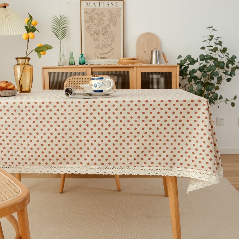 Față de masă dreptunghiulară, din bumbac și in, cu motiv căpșună, decorativă și protecție împotriva prafului