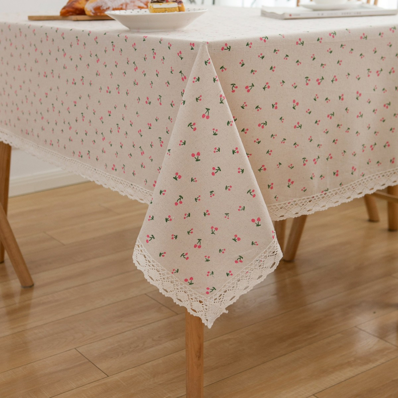 Față de masă dreptunghiulară, din bumbac și in, cu motiv căpșună, decorativă și protecție împotriva prafului