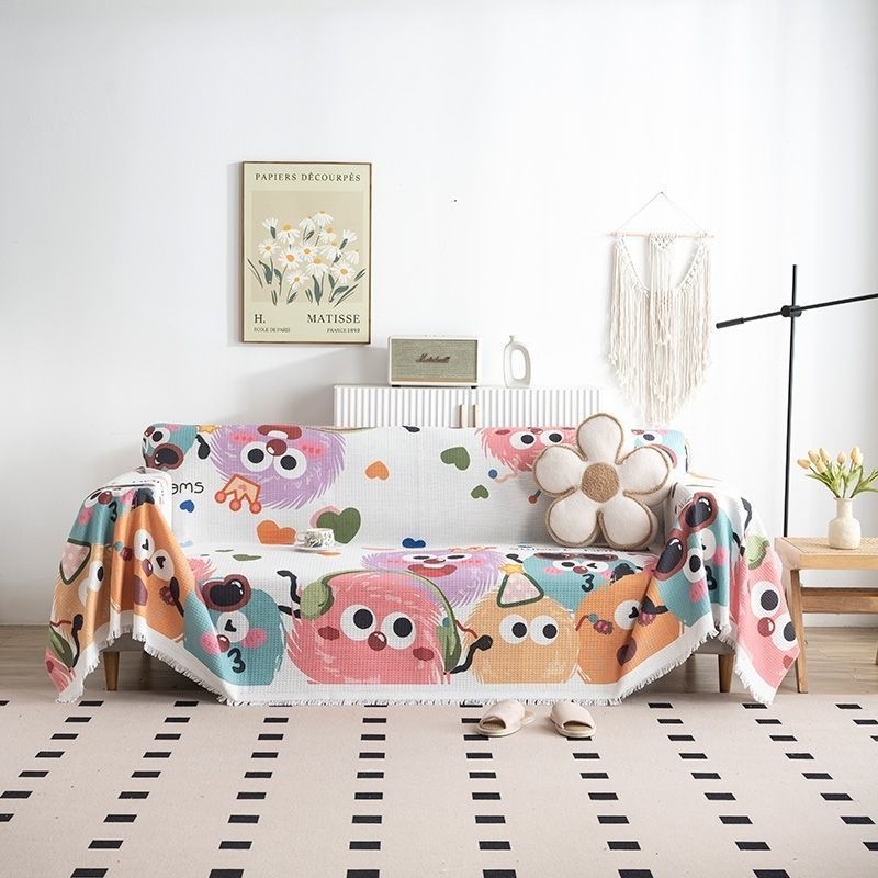 Husă de canapea din țesătură waffle, imprimeu desen animat, compatibilă cu canapelele modulare, stil drăguț, fără fermoar