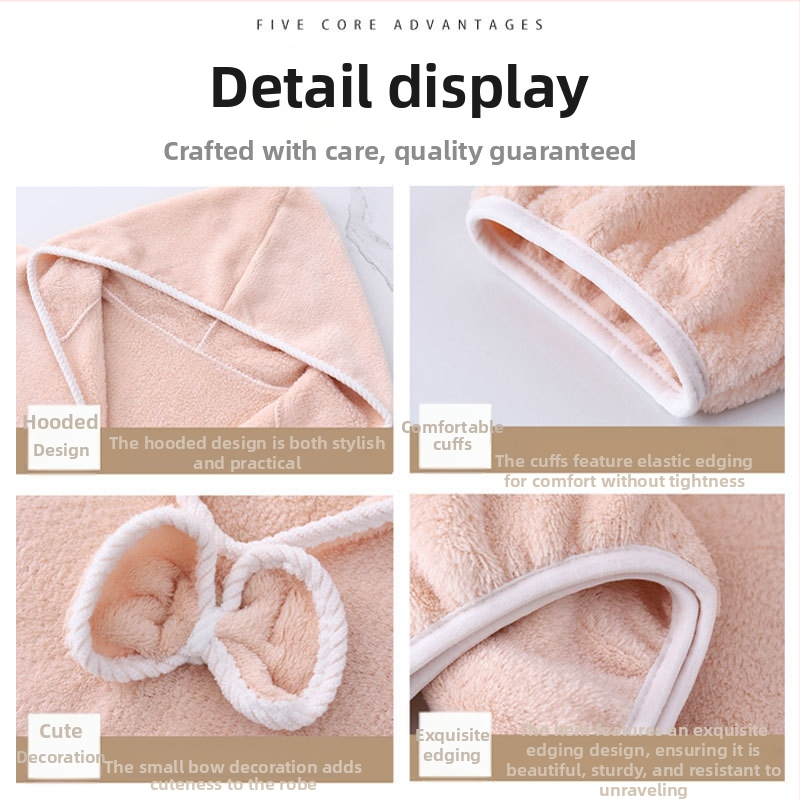 Naistele coral fleece vannirõbe kapuutsiga, pikkade varrukatega, keskmise pikkusega, imav ja paks, 100% polüester