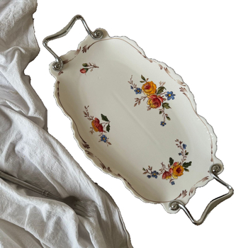 Κεραμική τετράγωνη πιατέλα με φλοράλ μοτίβο, ρετρό στυλ, κατάλληλη για φούρνο μικροκυμάτων.