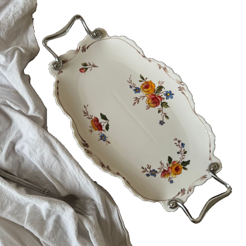 Κεραμική τετράγωνη πιατέλα με φλοράλ μοτίβο, ρετρό στυλ, κατάλληλη για φούρνο μικροκυμάτων.