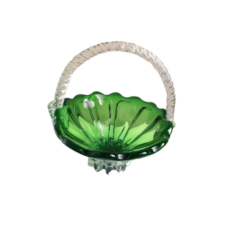 Farfurie de fructe din sticlă, coș de mână – decor modern, lux discret pentru sufragerie