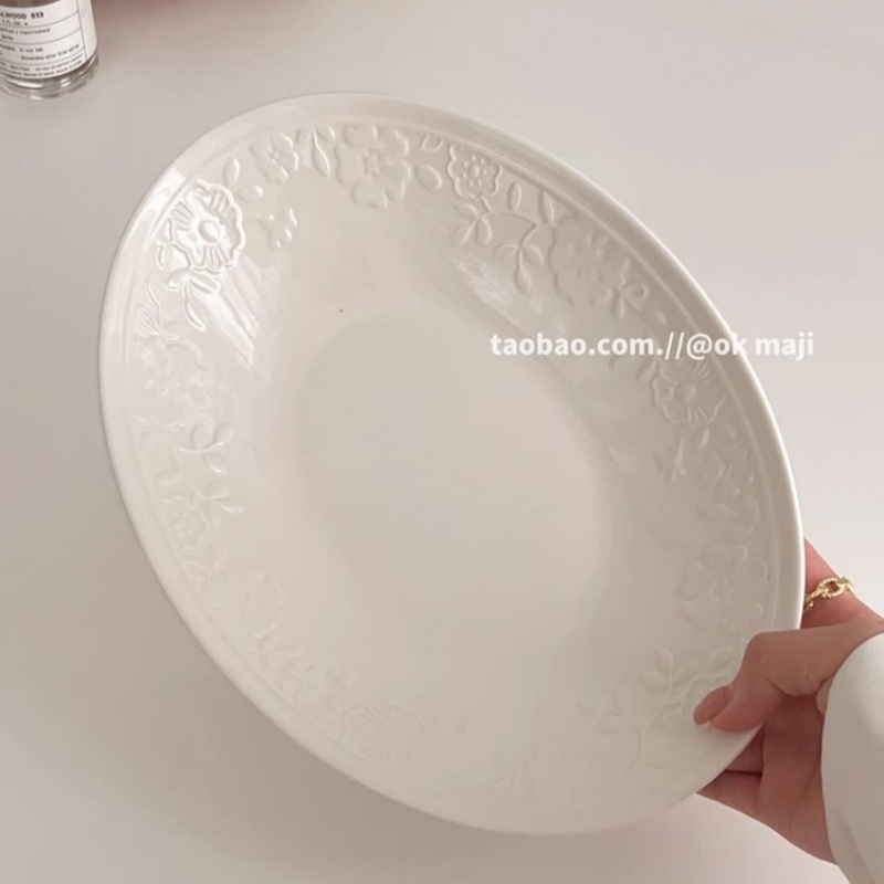 Farfurie de porțelan pentru cină, design retro în relief, formă rotundă, finisaj sub glazură