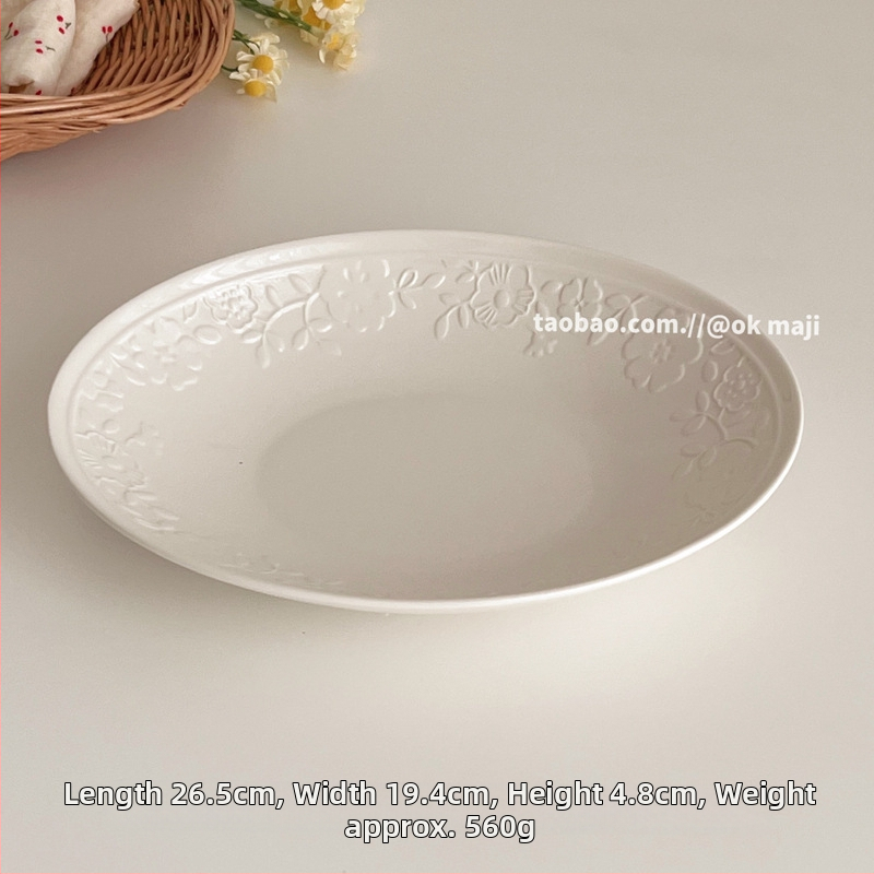 Farfurie de porțelan pentru cină, design retro în relief, formă rotundă, finisaj sub glazură