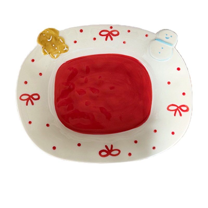 Κεραμικό οβάλ πιάτο με χειροποίητο σχέδιο καρτούν και ανάγλυφο φιόγκο, κατάλληλο για φρούτα και επιδόρπια, ασφαλές για φούρνο μικροκυμάτων