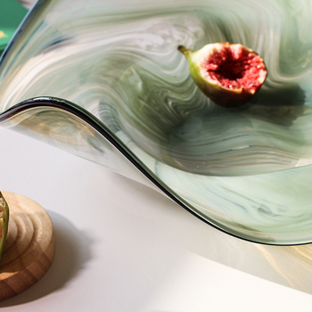 Γυάλινο βαθύ πιάτο φρούτων, ποικίλα σχέδια, μοντέρνο μινιμαλιστικό ύφος, ασυνήθιστο σχήμα, μονοκόμματη κατασκευή
