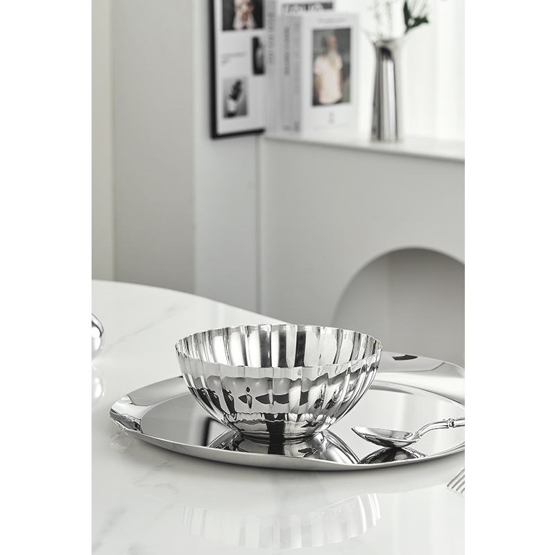 Δίσκος φρούτων από ανοξείδωτο χάλυβα 304, βαθύς, σκανδιναβικού στυλ, κυκλικού σχεδιασμού, επιφάνεια με καθρέφτη