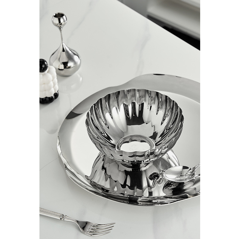 Δίσκος φρούτων από ανοξείδωτο χάλυβα 304, βαθύς, σκανδιναβικού στυλ, κυκλικού σχεδιασμού, επιφάνεια με καθρέφτη