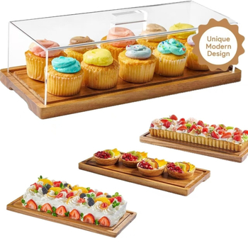 Ξύλινη πιατέλα για κέικ με διαφανές ακρυλικό καπάκι, ορθογώνιο σχήμα, μοντέρνο μινιμαλιστικό στυλ; κατάλληλη για ξενοδοχεία, γεύματα, καφέ και τσάι; δυνατότητα εκτύπωσης λογότυπου και προσαρμογής.
