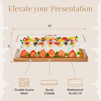 Ξύλινη πιατέλα για κέικ με διαφανές ακρυλικό καπάκι, ορθογώνιο σχήμα, μοντέρνο μινιμαλιστικό στυλ; κατάλληλη για ξενοδοχεία, γεύματα, καφέ και τσάι; δυνατότητα εκτύπωσης λογότυπου και προσαρμογής.