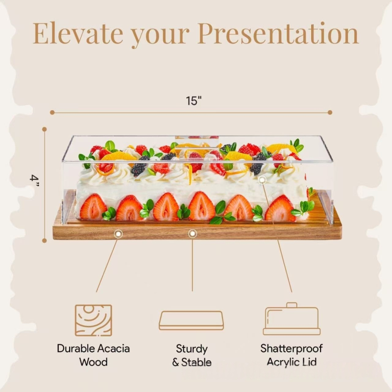 Ξύλινη πιατέλα για κέικ με διαφανές ακρυλικό καπάκι, ορθογώνιο σχήμα, μοντέρνο μινιμαλιστικό στυλ; κατάλληλη για ξενοδοχεία, γεύματα, καφέ και τσάι; δυνατότητα εκτύπωσης λογότυπου και προσαρμογής.