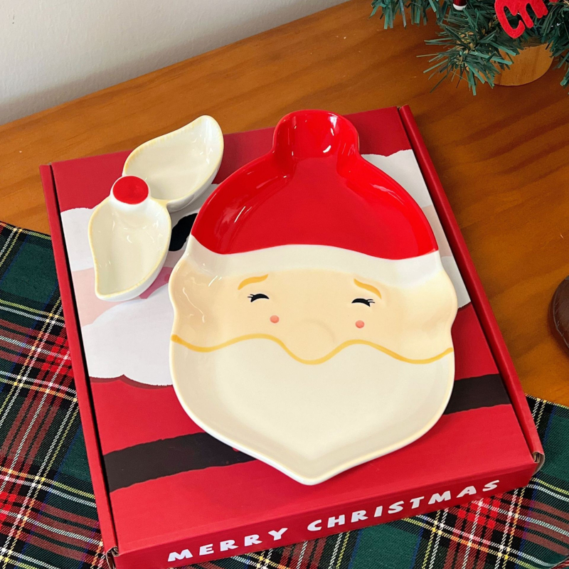 Slatka Santa ploča za knedle s dip zdjelom, keramika, karikatura uzorak, sladak stil, nepravilan oblik