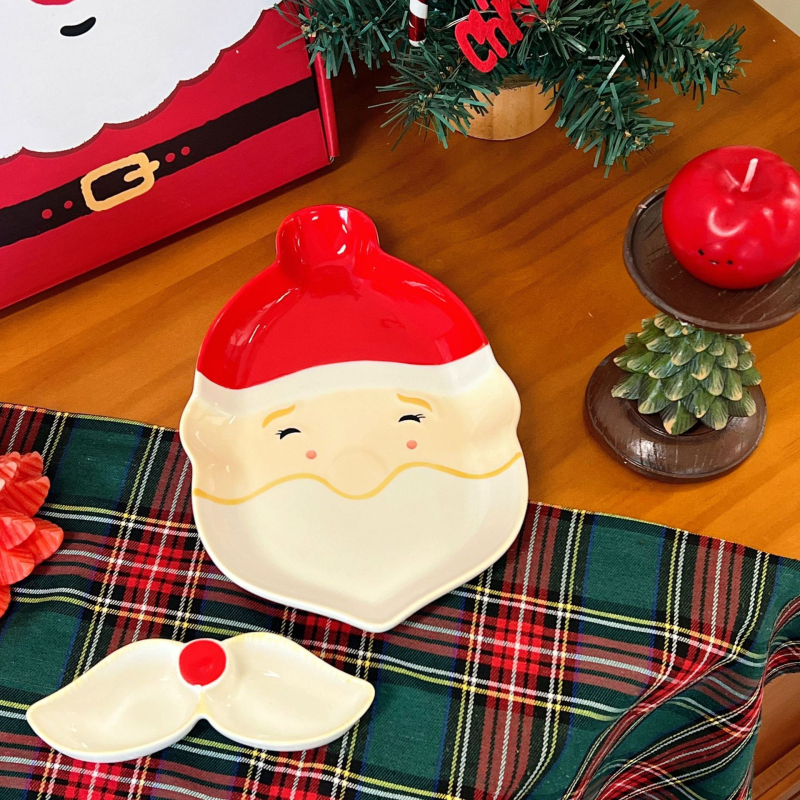 Slatka Santa ploča za knedle s dip zdjelom, keramika, karikatura uzorak, sladak stil, nepravilan oblik