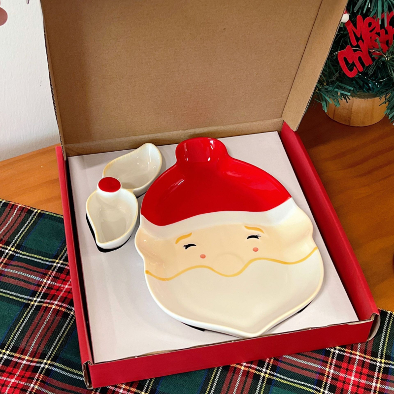 Slatka Santa ploča za knedle s dip zdjelom, keramika, karikatura uzorak, sladak stil, nepravilan oblik