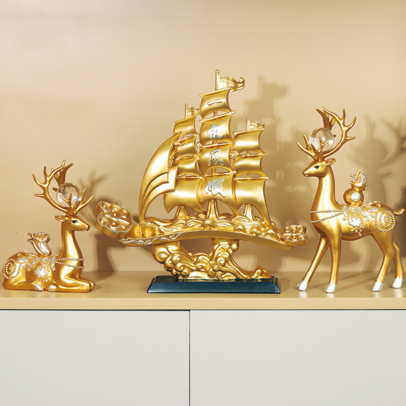 Ornament barcă în stil chinezesc nou, din rășină; pentru living și hol — cadou de casă nouă pentru colegi, prieteni și persoane în vârstă