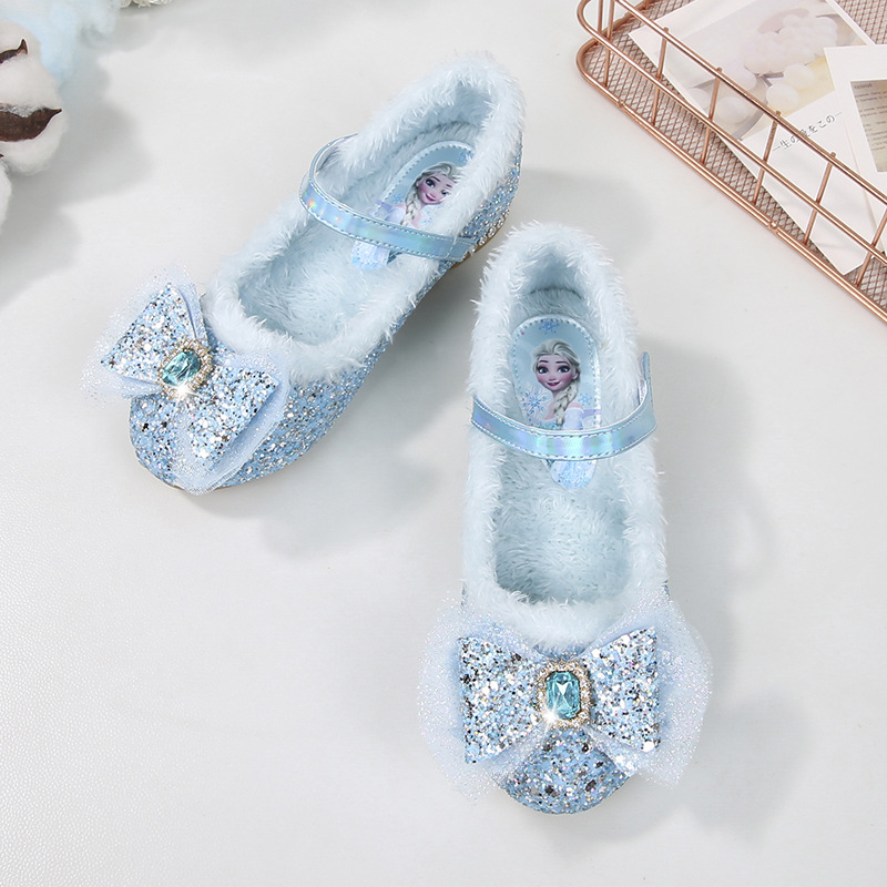 Pantofi de prințesă pentru fete, partea superioară cu glitter, căptușeală din lână artificială, talpă TPR, închidere Velcro, pentru vârste 4–12 ani