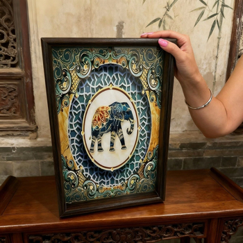 Tavă din lemn cu ramă, model elefant în stil retro-etic – tavă decorativă pentru casă, sufragerie și birou