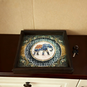 Tavă din lemn cu ramă, model elefant în stil retro-etic – tavă decorativă pentru casă, sufragerie și birou