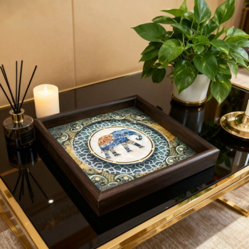 Tavă din lemn cu ramă, model elefant în stil retro-etic – tavă decorativă pentru casă, sufragerie și birou