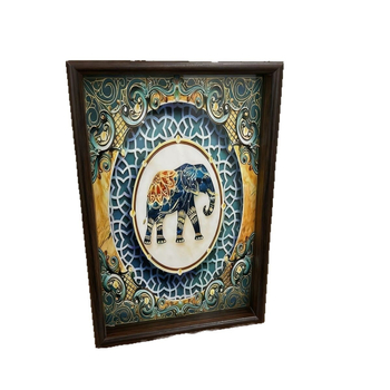 Tavă din lemn cu ramă, model elefant în stil retro-etic – tavă decorativă pentru casă, sufragerie și birou