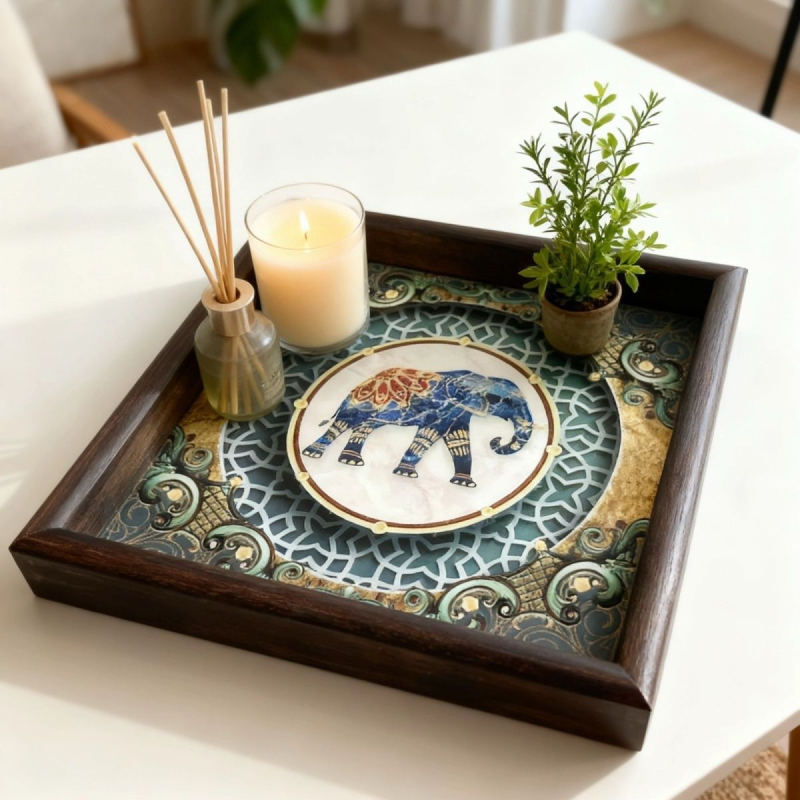 Tavă din lemn cu ramă, model elefant în stil retro-etic – tavă decorativă pentru casă, sufragerie și birou