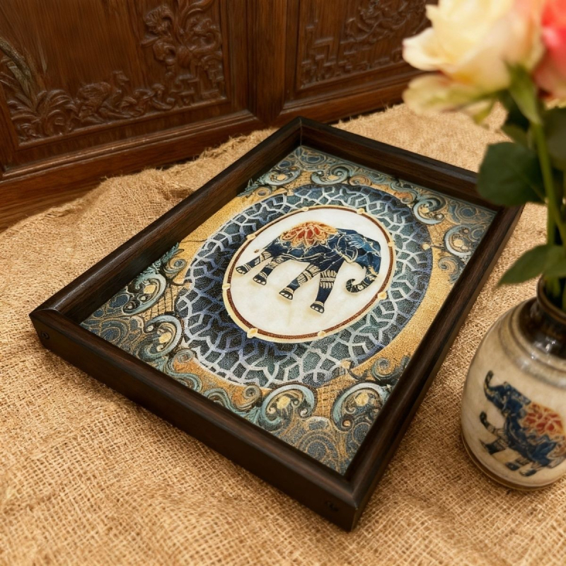 Tavă din lemn cu ramă, model elefant în stil retro-etic – tavă decorativă pentru casă, sufragerie și birou