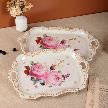 Μελαμινένιος δίσκος για τσάι, ορθογώνιος, ανάγλυφο φλοράλ μοτίβο, φινίρισμα υπό γλάσο, στυλ φως-πολυτέλειας ρετρό