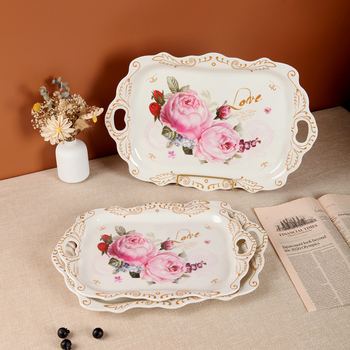 Μελαμινένιος δίσκος για τσάι, ορθογώνιος, ανάγλυφο φλοράλ μοτίβο, φινίρισμα υπό γλάσο, στυλ φως-πολυτέλειας ρετρό