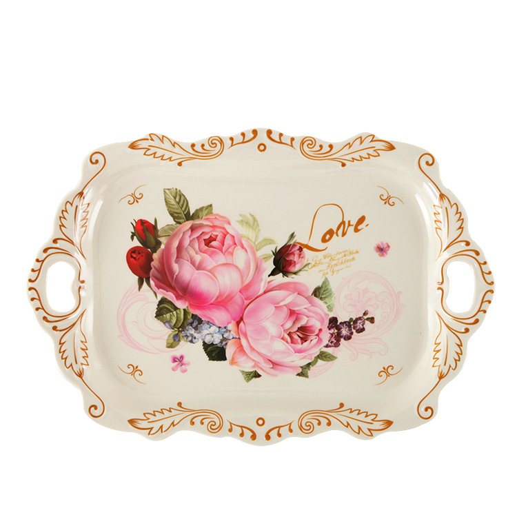 Μελαμινένιος δίσκος για τσάι, ορθογώνιος, ανάγλυφο φλοράλ μοτίβο, φινίρισμα υπό γλάσο, στυλ φως-πολυτέλειας ρετρό