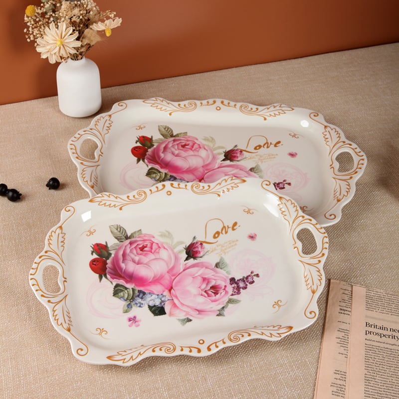 Μελαμινένιος δίσκος για τσάι, ορθογώνιος, ανάγλυφο φλοράλ μοτίβο, φινίρισμα υπό γλάσο, στυλ φως-πολυτέλειας ρετρό