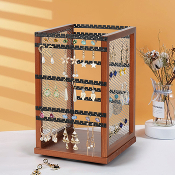 Feichuang suport rotativ pentru bijuterii, artă din fier, carcasă din lemn masiv, disc rotativ, design cu mai multe niveluri (3-5 niveluri)