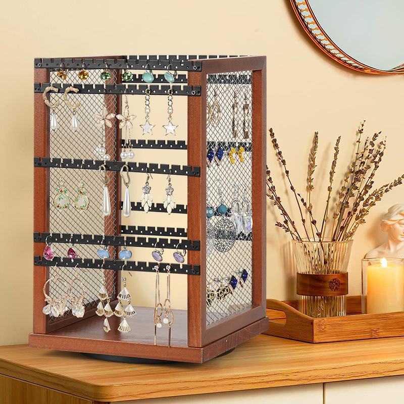 Feichuang suport rotativ pentru bijuterii, artă din fier, carcasă din lemn masiv, disc rotativ, design cu mai multe niveluri (3-5 niveluri)