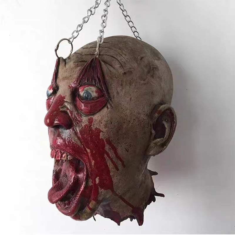 Prop de decor pentru scenă – păpușă cu cap de lanț din fier, stil teror, decorațiune de Halloween (Material: 21119583365)