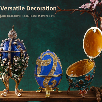 Vajíčková dekoratívna figúrka zo zliatiny s emalovou inkrustáciou a kamienkami, ručne maľovaná a elektroplatovaná, moderný minimalistický domáci dekor, možnosť prispôsobenia