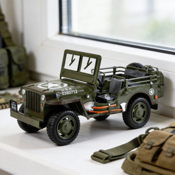 Kézzel készített fém Willys Jeep modell dísztárgy – európai retro stílus, amerikai stílus; tiszta kézzel készített; Modell szám: RCH25126; Nettó tömeg: 1,3 kg