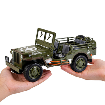 Kézzel készített fém Willys Jeep modell dísztárgy – európai retro stílus, amerikai stílus; tiszta kézzel készített; Modell szám: RCH25126; Nettó tömeg: 1,3 kg