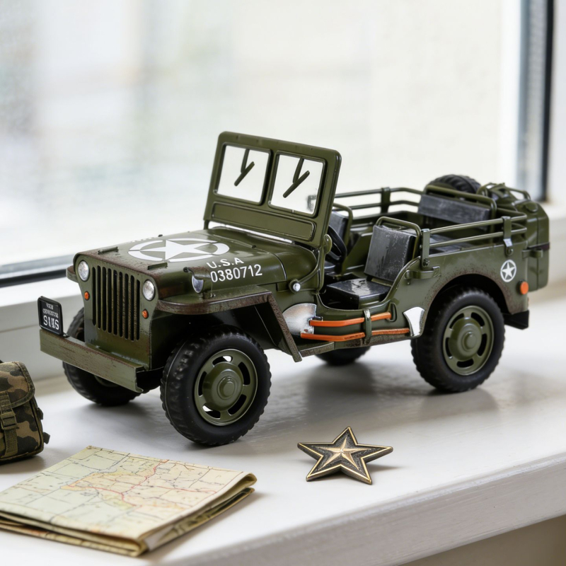 Kézzel készített fém Willys Jeep modell dísztárgy – európai retro stílus, amerikai stílus; tiszta kézzel készített; Modell szám: RCH25126; Nettó tömeg: 1,3 kg