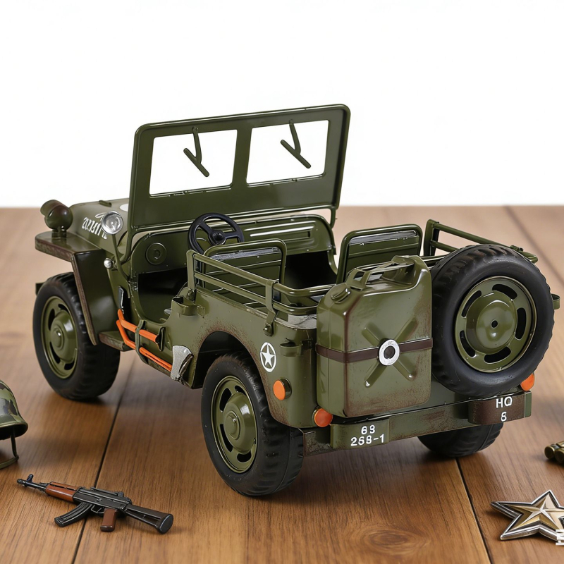 Kézzel készített fém Willys Jeep modell dísztárgy – európai retro stílus, amerikai stílus; tiszta kézzel készített; Modell szám: RCH25126; Nettó tömeg: 1,3 kg