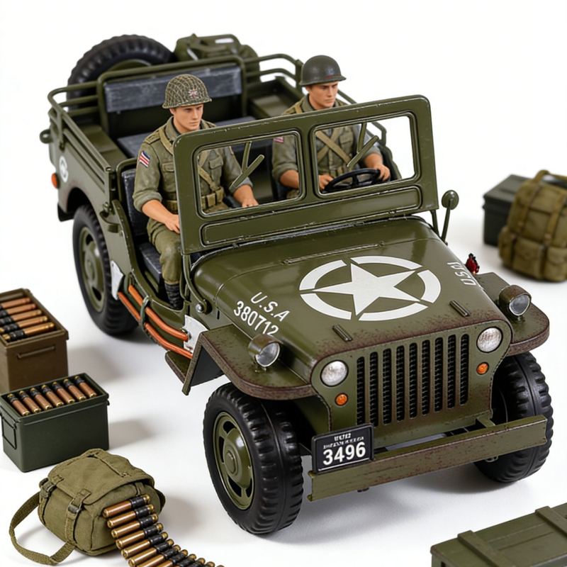 Kézzel készített fém Willys Jeep modell dísztárgy – európai retro stílus, amerikai stílus; tiszta kézzel készített; Modell szám: RCH25126; Nettó tömeg: 1,3 kg