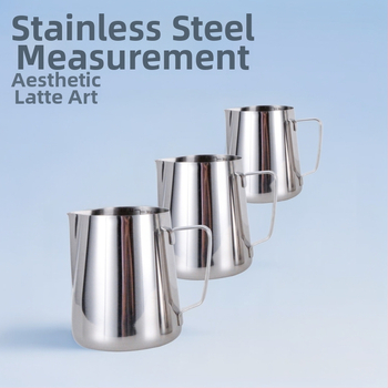 Nerūdijančio plieno latte art indas su rankena, storis 0,7 mm, 304#18-8, maisto kokybė, šilumos izoliacija 0–6 val.