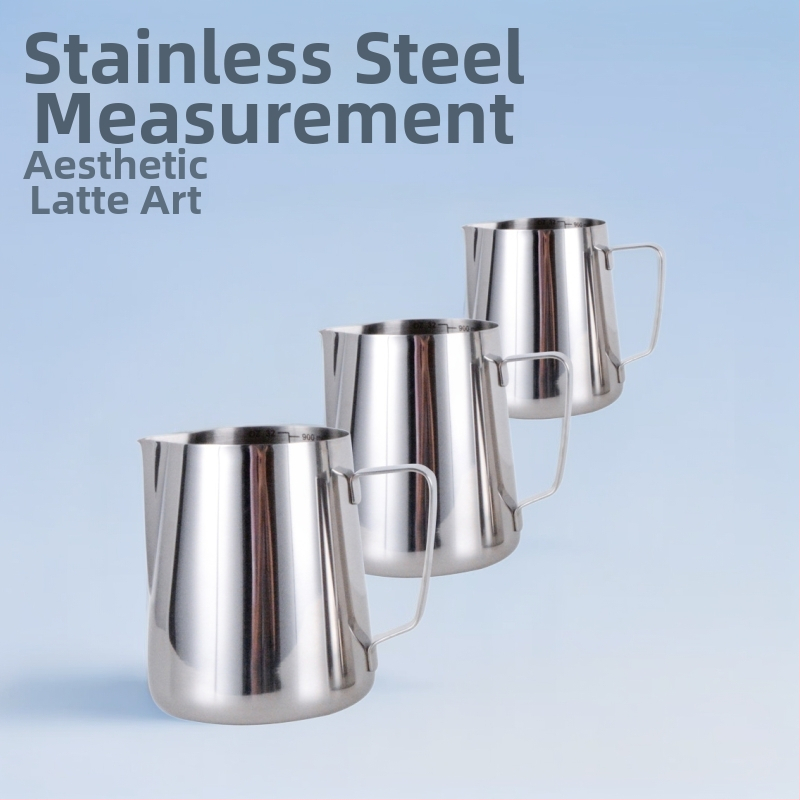 Nerūdijančio plieno latte art indas su rankena, storis 0,7 mm, 304#18-8, maisto kokybė, šilumos izoliacija 0–6 val.