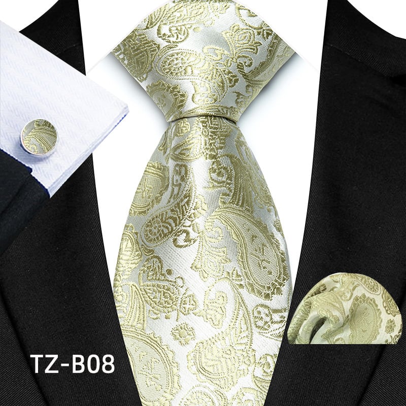 Paisley mintás férfi esküvői nyakkendő készlet zsebkendővel és mandzsetta készlettel; anyag: poliészter; jacquard szövés; nyakkendő szélesség: normál; márka: Qimulan