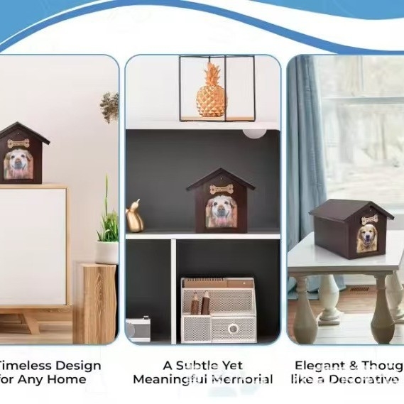 Fából készült macska emlékk urnája fotókerettel, ház alakú emlékurna, testreszabható logóval