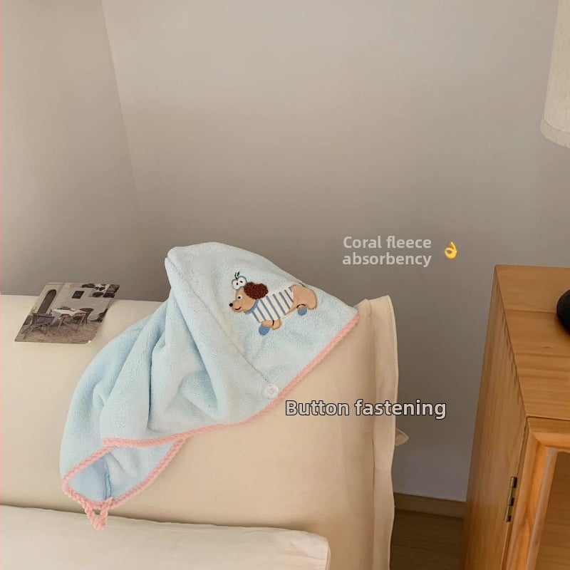 Šál na sušenie vlasov s vyšitým roztomilým šteniatkom, zosilnený dizajn, vysoká absorpcia, rýchle sušenie, puloverový turban