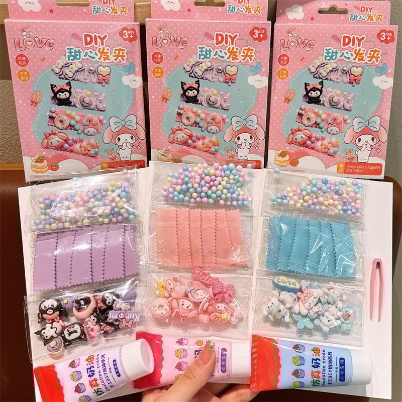 Set materiale DIY pentru agrafe de păr cu Kuromi, din plastic/rășină, cristale