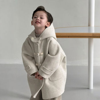 Palton copii cu glugă pentru iarnă, stil coreean, lungime medie, închidere cu un rând de nasturi