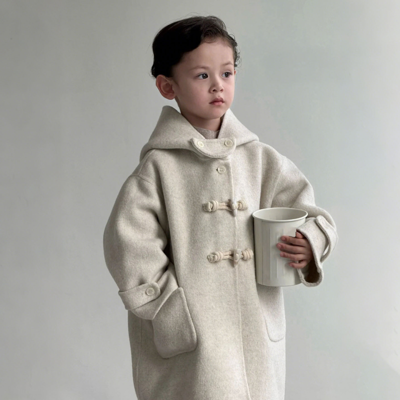 Palton copii cu glugă pentru iarnă, stil coreean, lungime medie, închidere cu un rând de nasturi